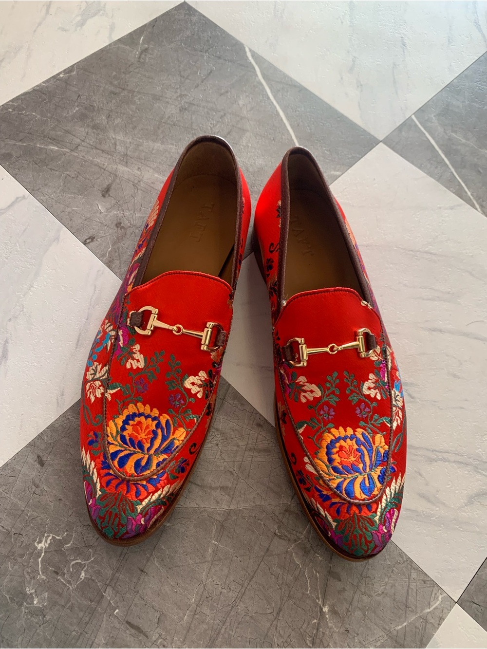 Taft Red Floral Embroidered Slip-On Loafers with Gold Bit